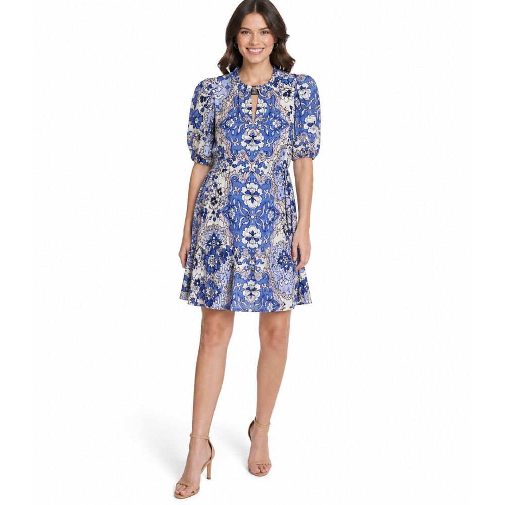 NWT Vince Camuto Floral Print V-Neck Puff Sleeve Tie Waist Dress. Size 0